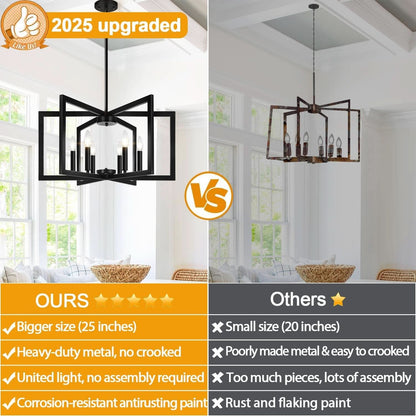 Black 6-Light Geometric Square Frame Chandelier 25 Inch