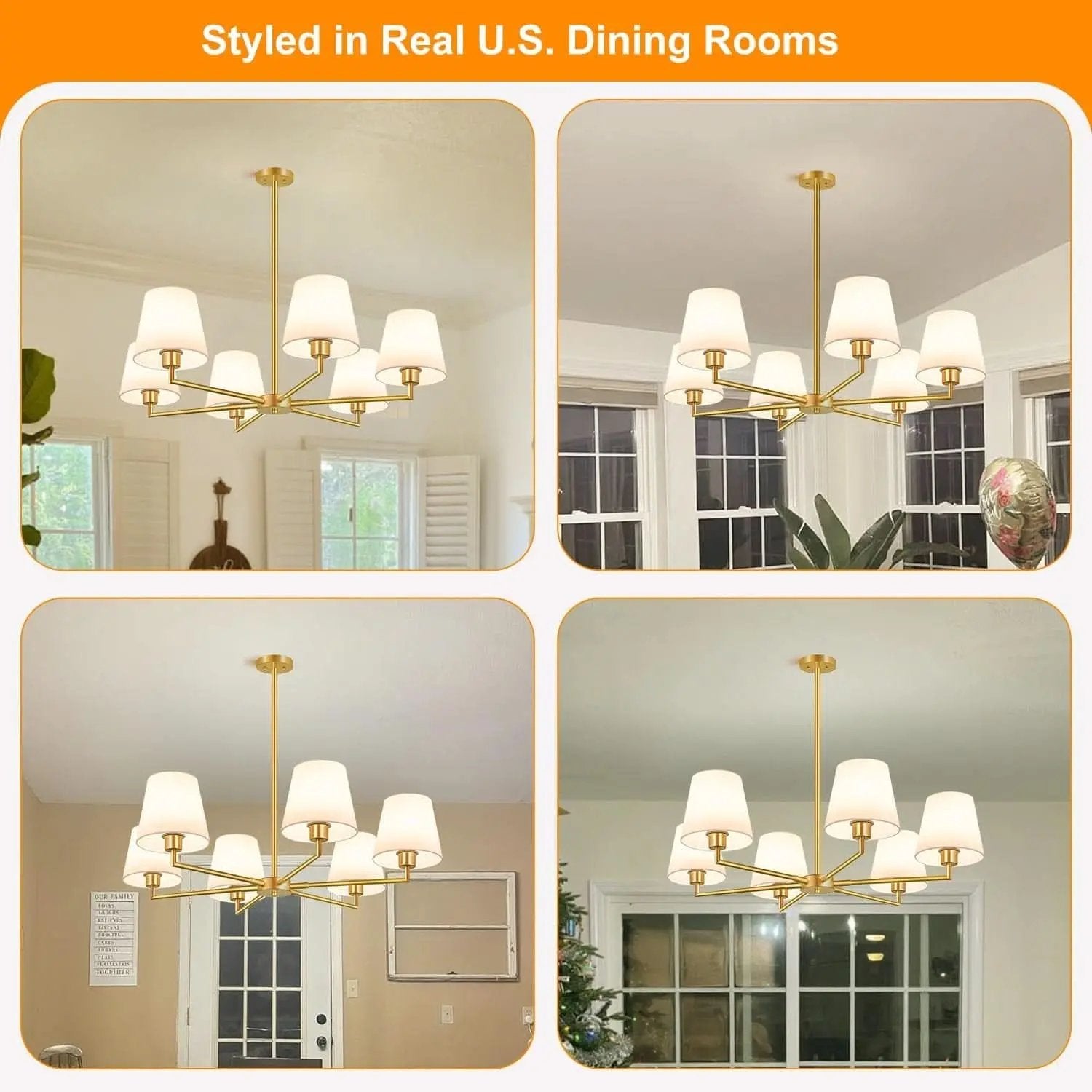 Chandelier displayed in various U.S. dining rooms.