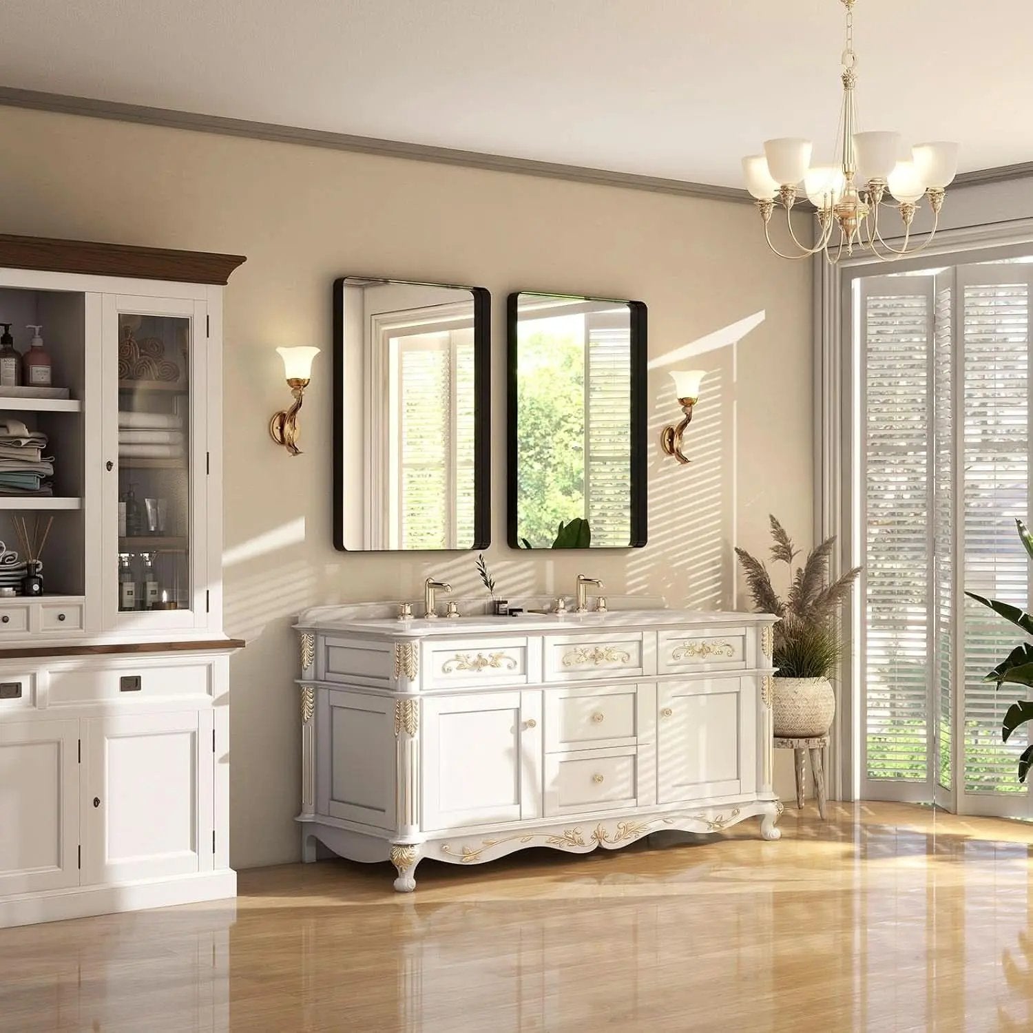 Bathroom with white vanity, mirrors, and decorative elements.