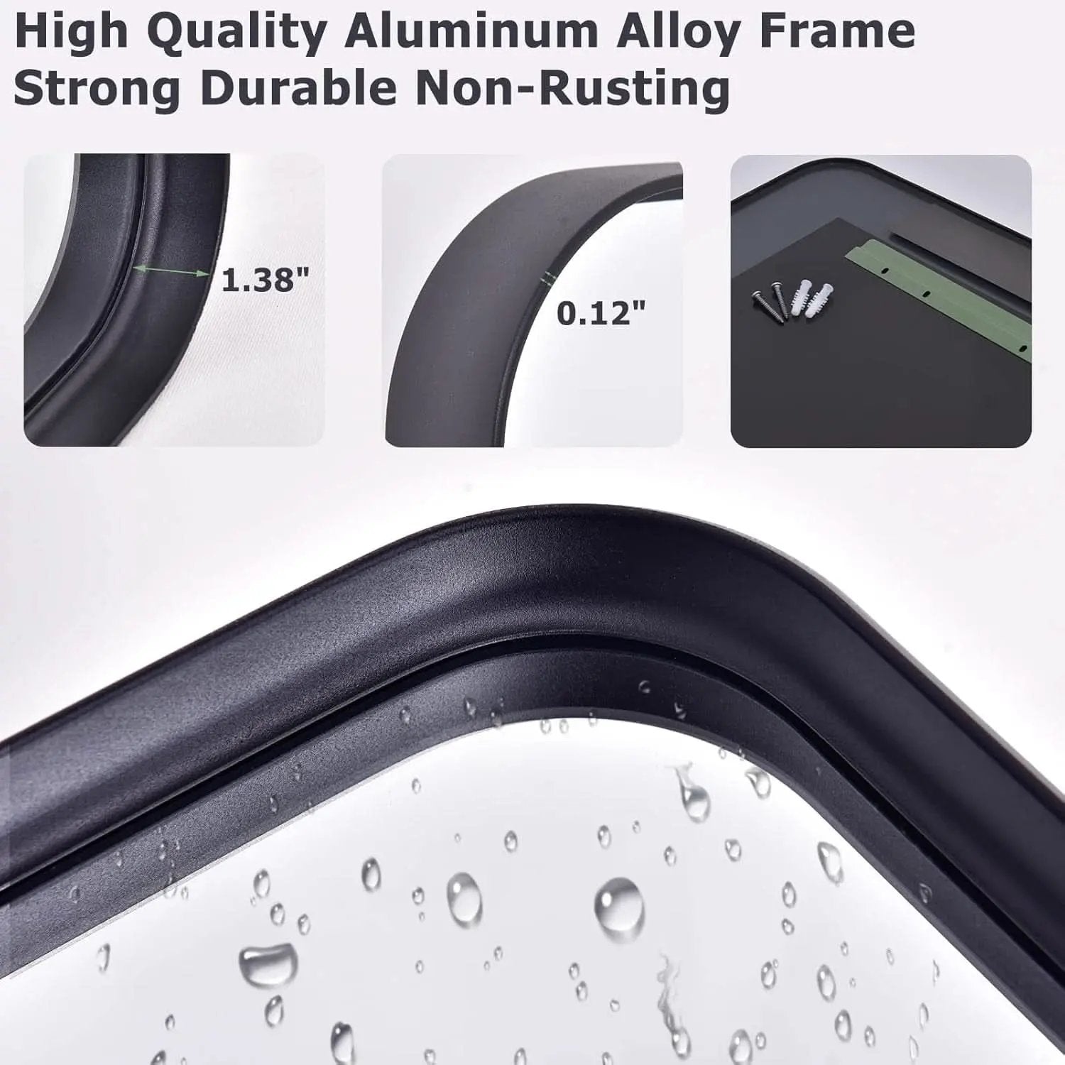 Aluminum alloy frame with measurements and durability text on a white background
