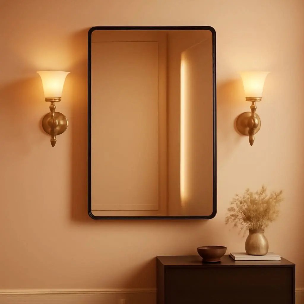 Rectangular mirror with black frame on a wall with two gold sconces and a small table with decorative items.