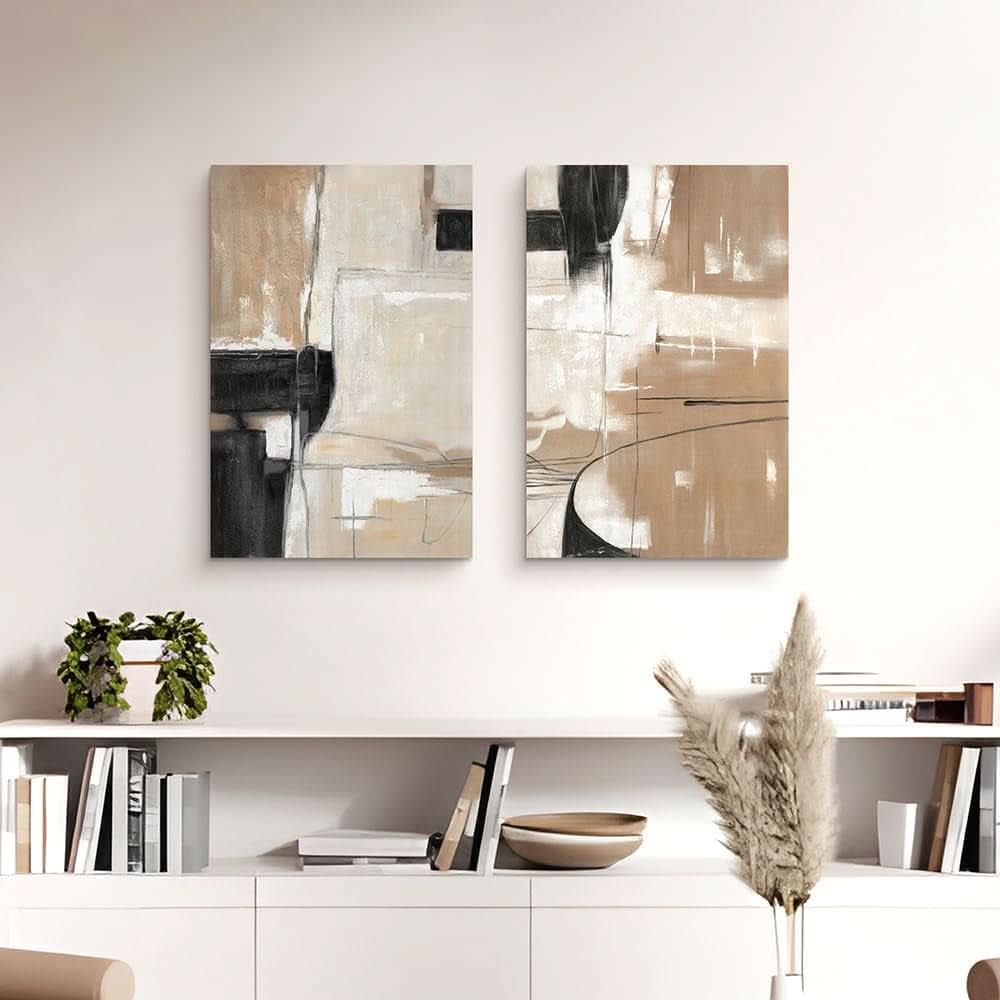 Black Brown Contemporary Abstract Canvas Wall Art Set 2 Pieces