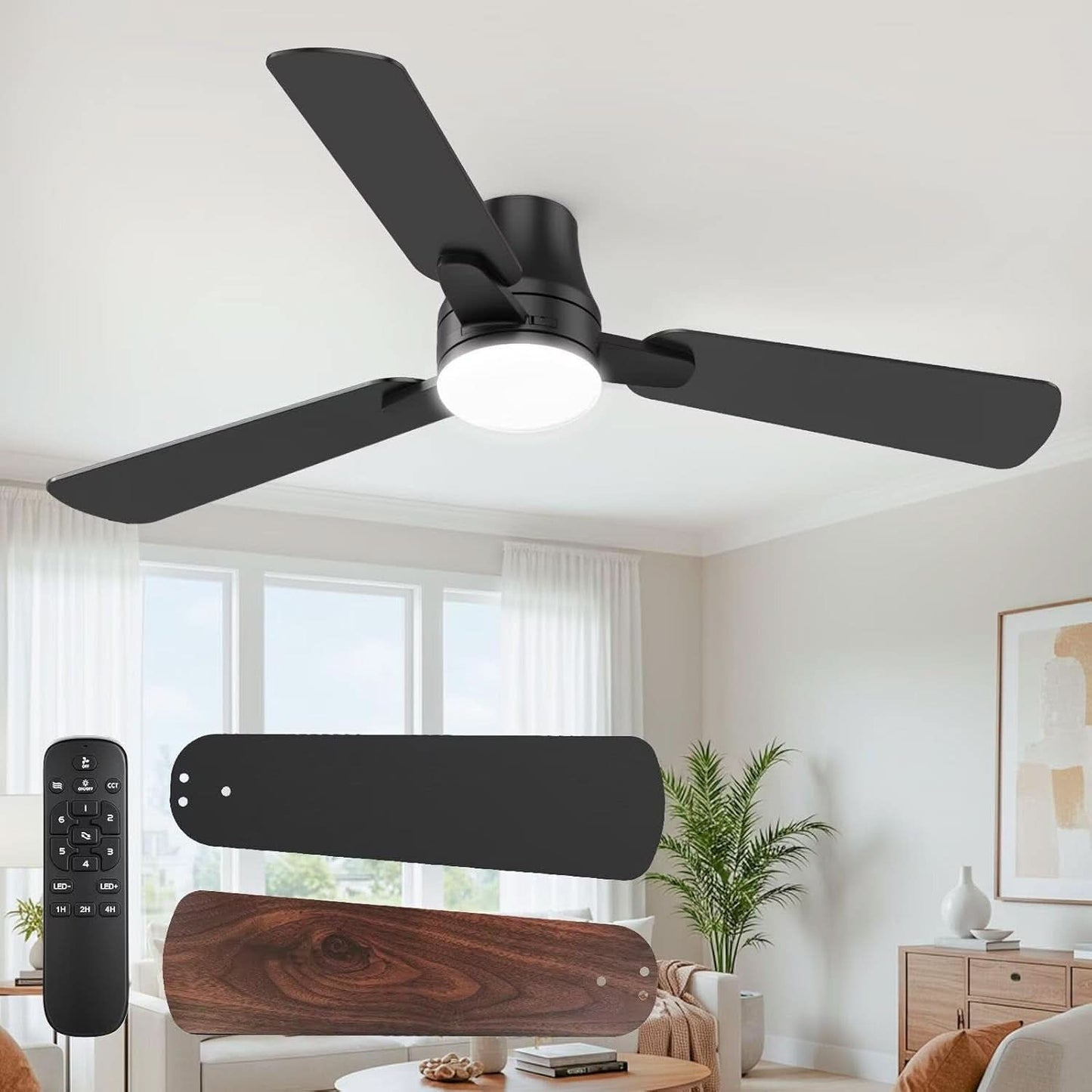 42 Inch Black Ceiling Fan with Light Energy Efficient Remote Control