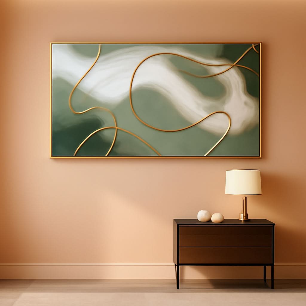 Abstract painting on a wall above a wooden side table with a lamp and decorative items.