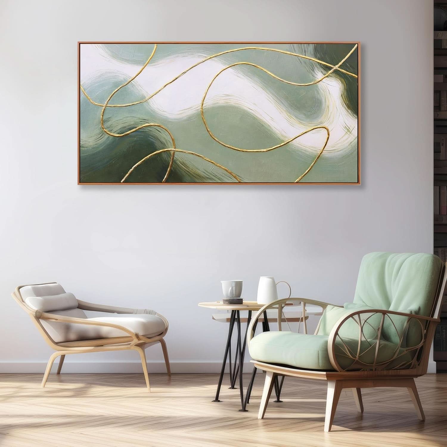 Modern living room with abstract painting, chairs, and a small table.