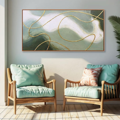 Two wooden chairs with green cushions in a room with abstract art on the wall.