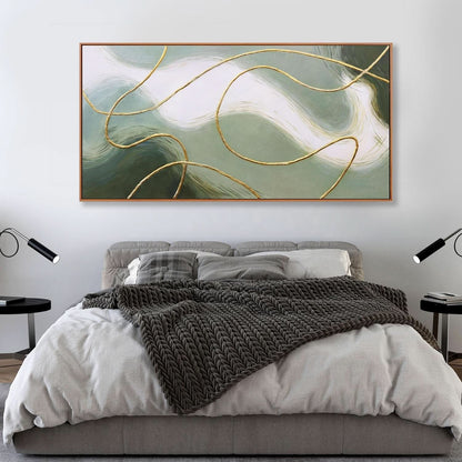 Modern bedroom with abstract art above a bed