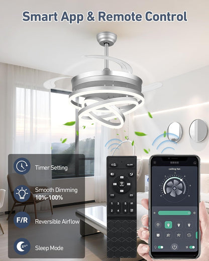 42 Inch Silver Fandelier Ceiling Fan Retractable Blades 5000 CFM