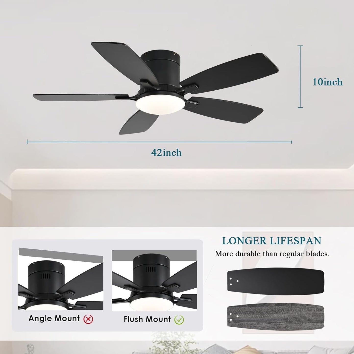 Black ceiling fan with measurements and features on a white background