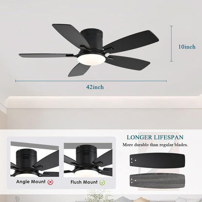 Black ceiling fan with measurements and features on a white background