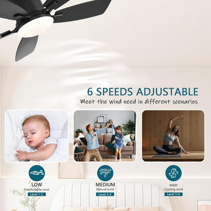 Ceiling fan with adjustable speed settings shown in various scenarios