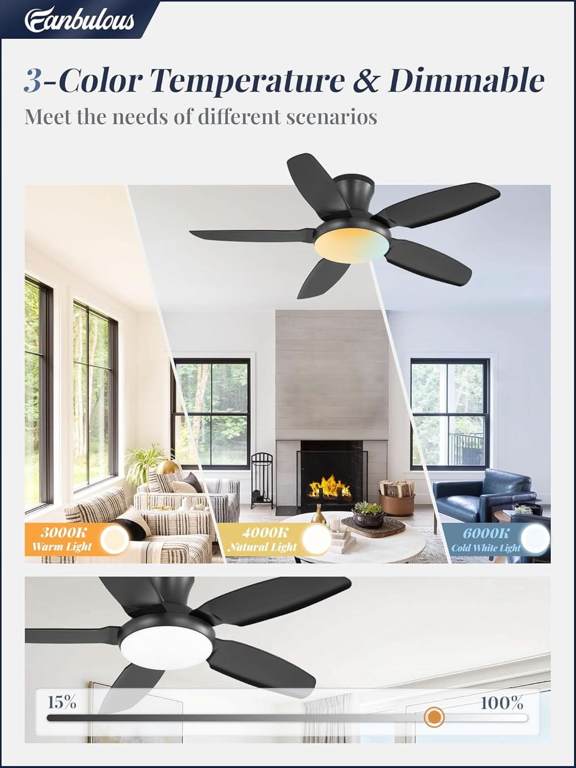 Ceiling fan with 3-color temperature and dimmable feature in a living room setting.