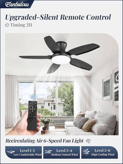 Ceiling fan with remote control in a living room setting, featuring text about upgraded silent remote control and recirculating air.
