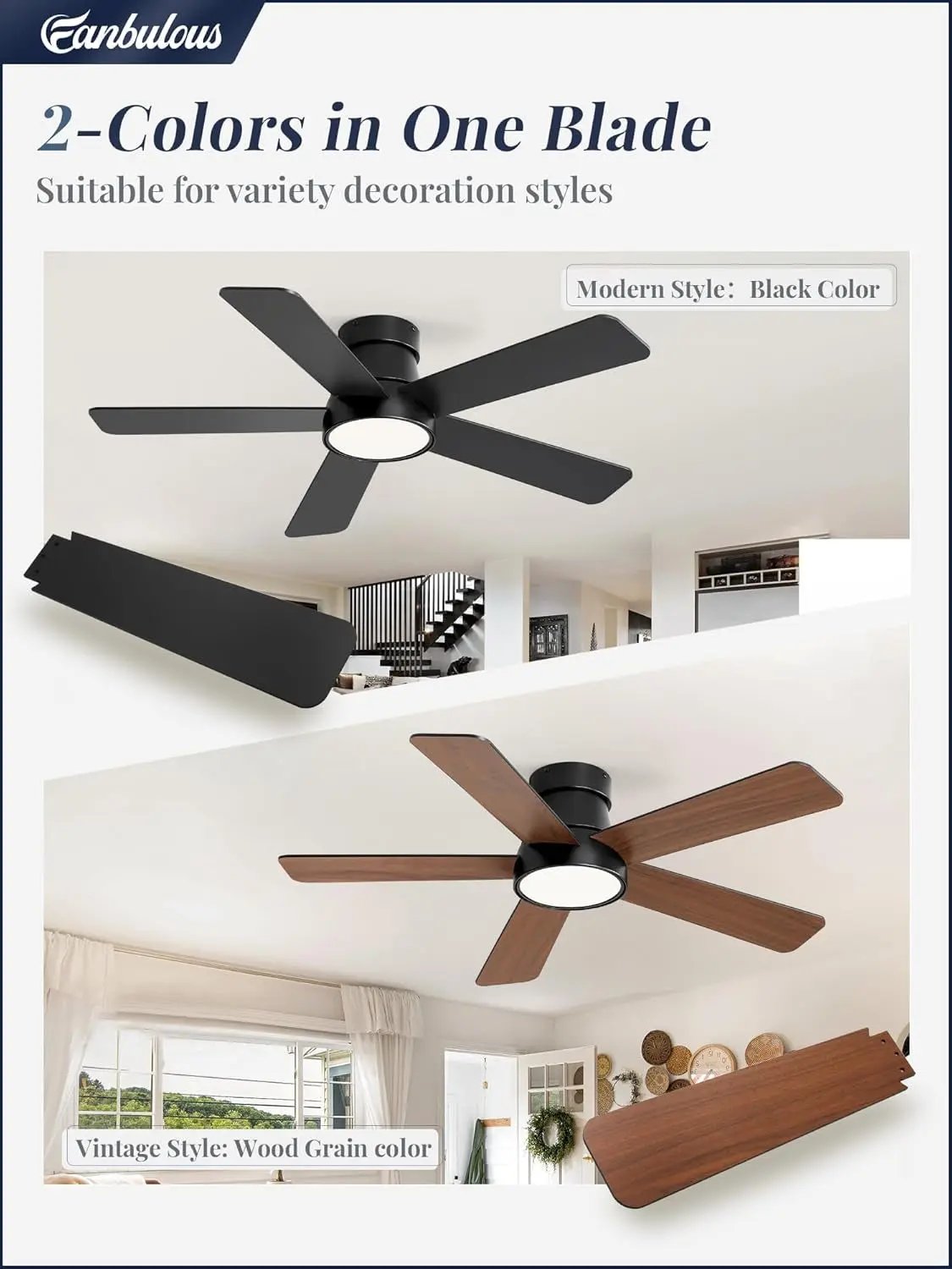 Two ceiling fans, one black and one with wood grain finish, in a home setting.