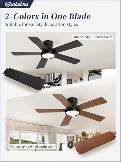 Two ceiling fans, one black and one with wood grain finish, in a home setting.