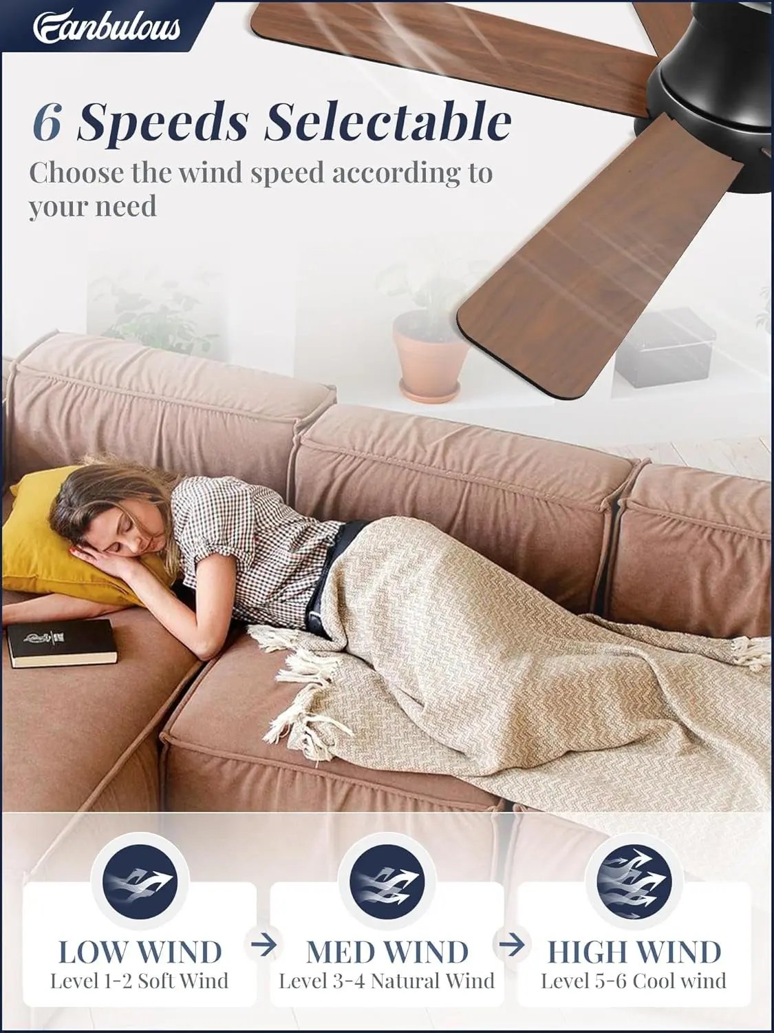 Woman relaxing on a couch with a ceiling fan above, featuring text about selectable wind speeds.
