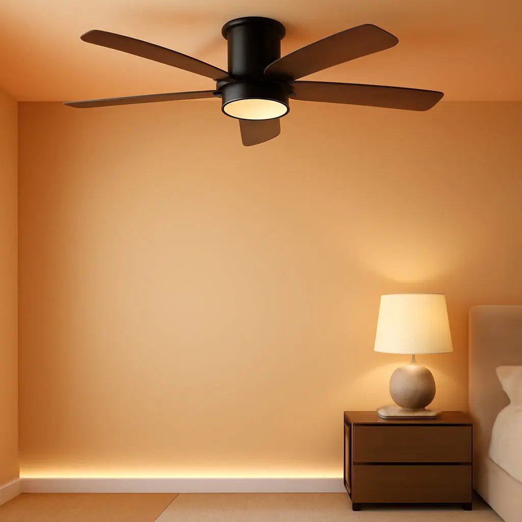 Ceiling fan in a room with a lamp and bed