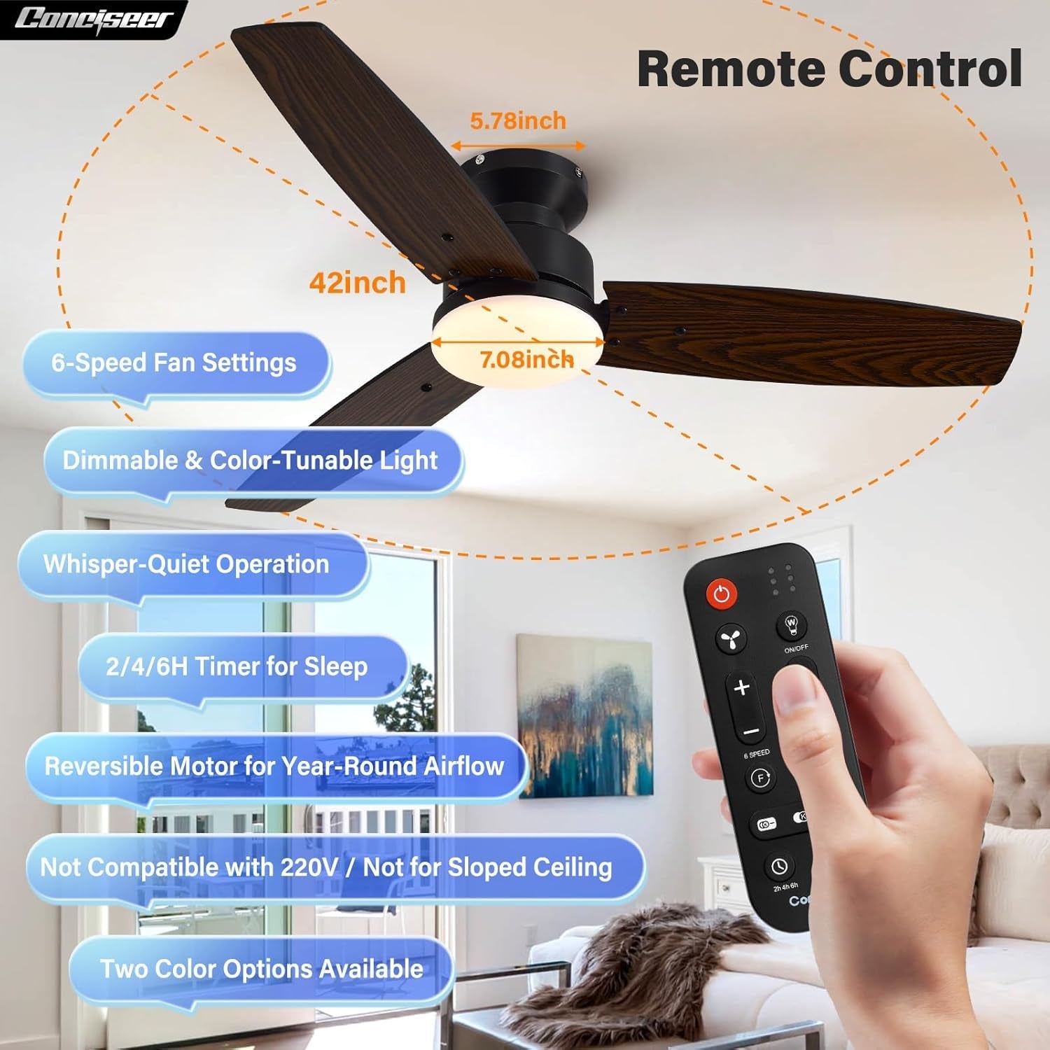 Ceiling fan with remote control and features listed in a home setting