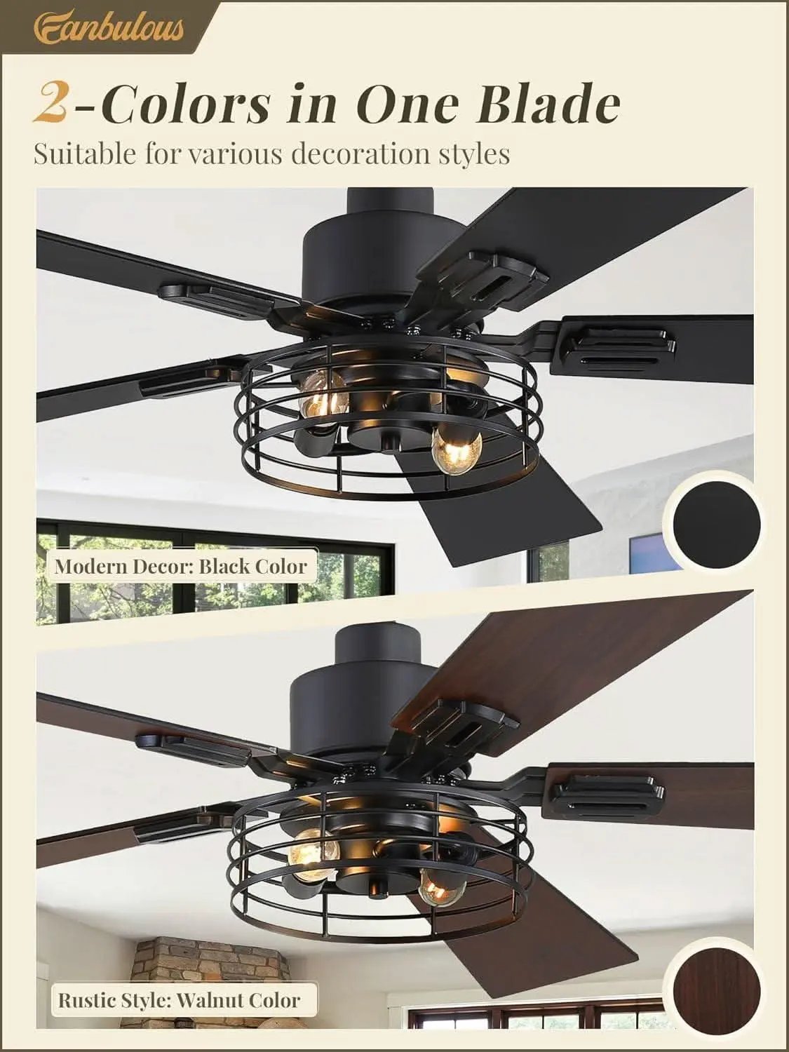 Ceiling fans in black and walnut colors with text on a beige background