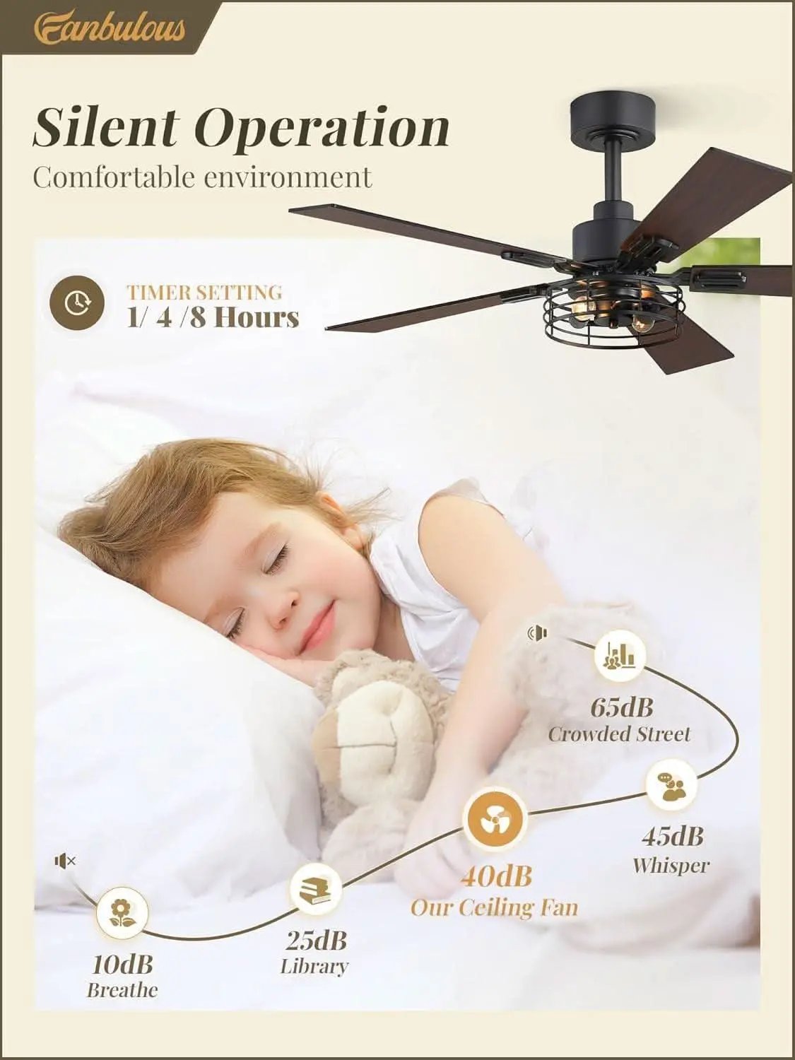 Ceiling fan with child sleeping in bed, emphasizing silent operation and comfort.