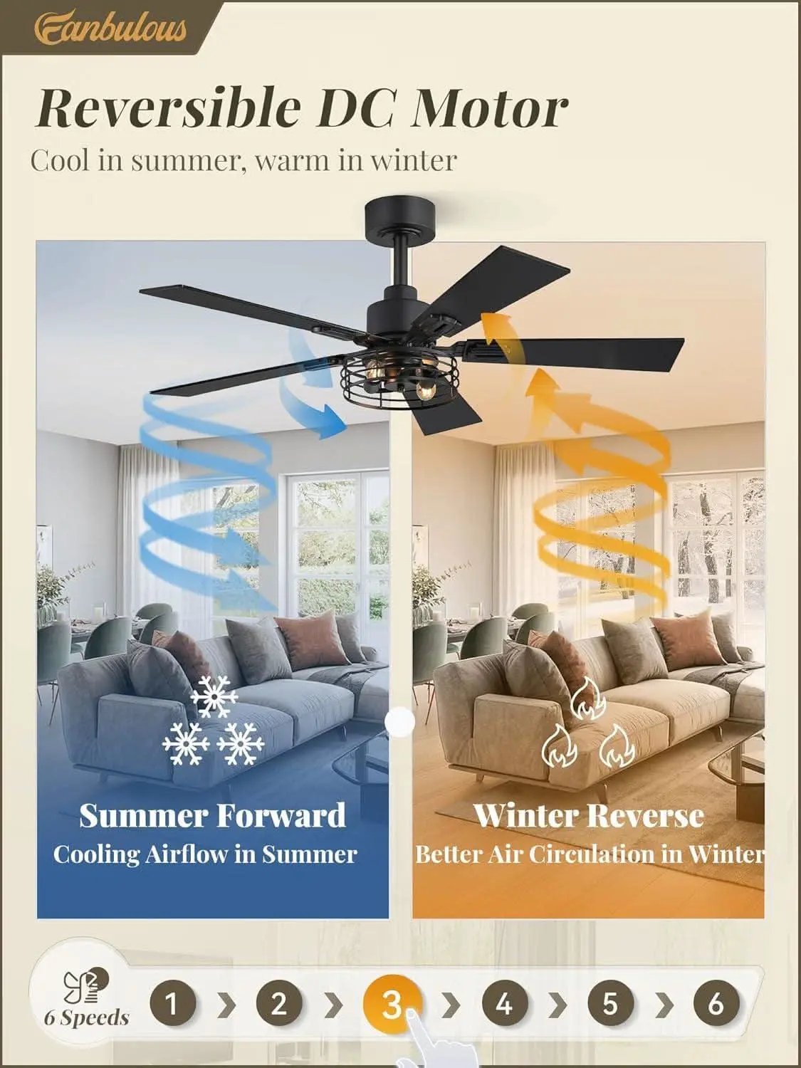 Ceiling fan with reversible DC motor for summer and winter use, shown in a living room setting.