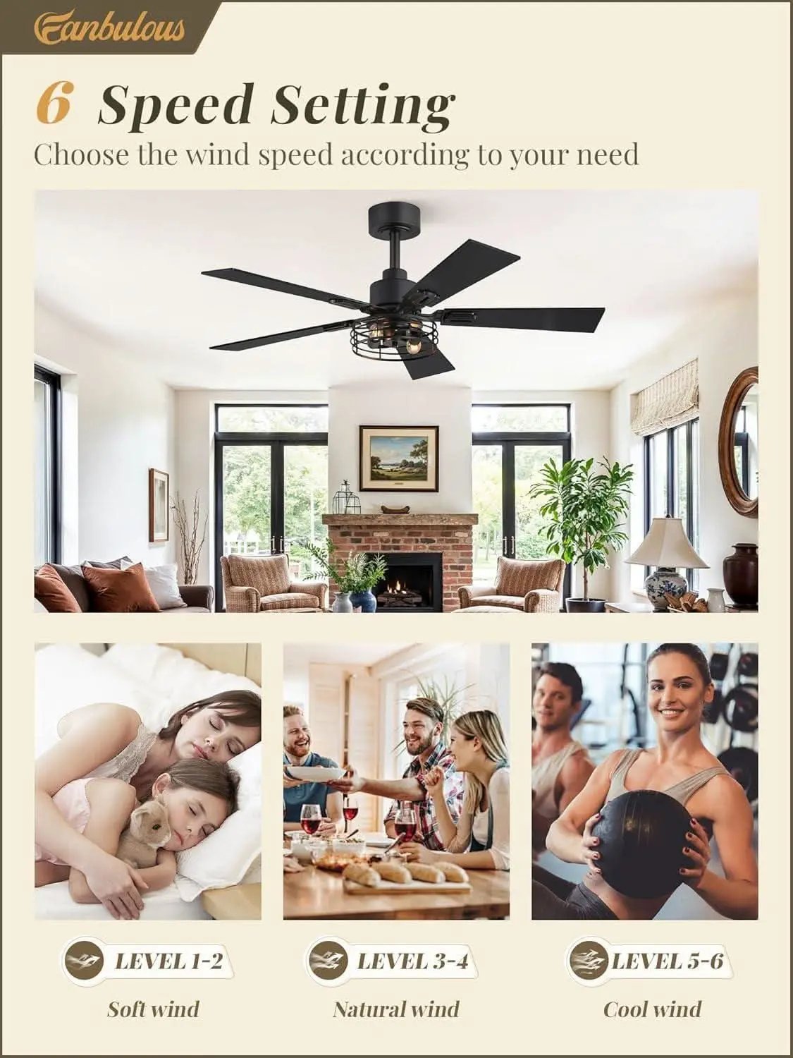 Ceiling fan with 6 speed settings displayed in a living room setting.