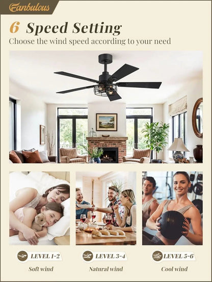 Ceiling fan with 6 speed settings displayed in a living room setting.