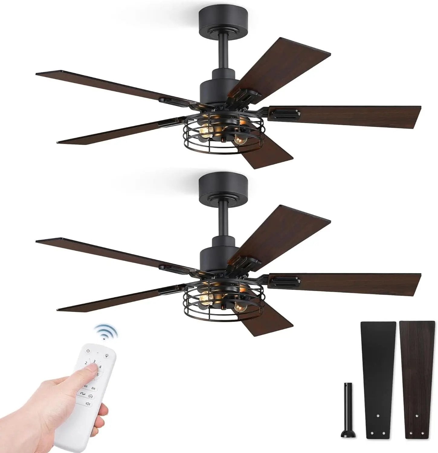Ceiling fan with remote control and additional blades on a white background