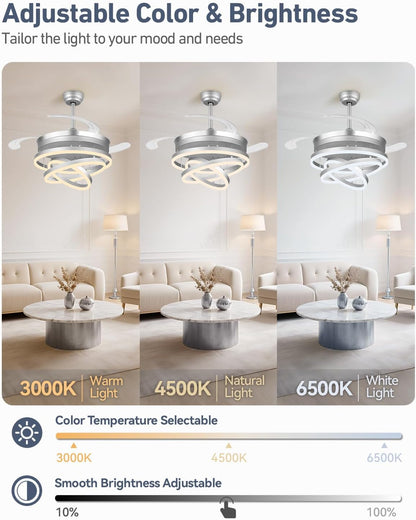 Ceiling fan with light fixture showing adjustable color temperature and brightness in a living room setting.