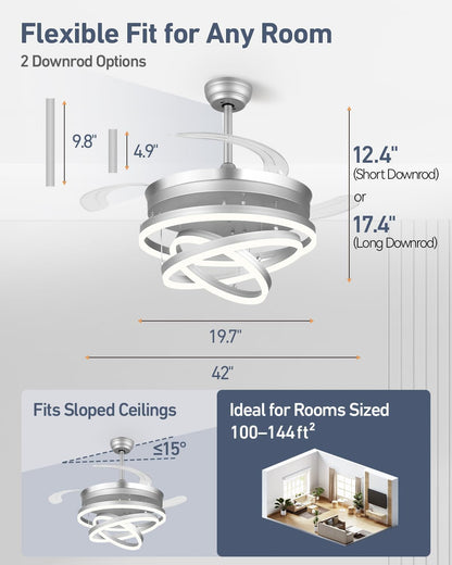 Ceiling fan with dimensions and installation information on a white background