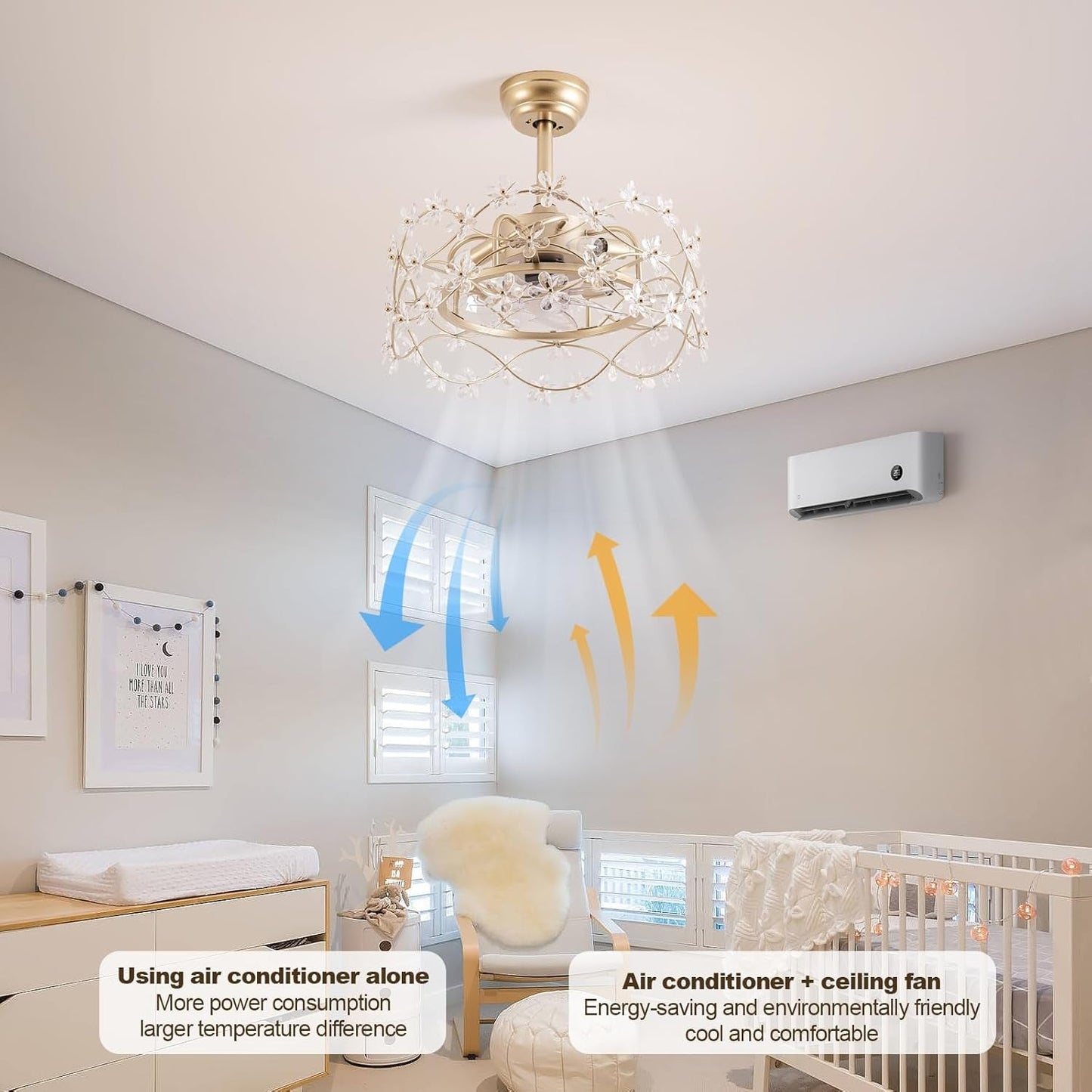 20 Inch Gold Crystal Fandelier Ceiling Fan with LED Light and Remote