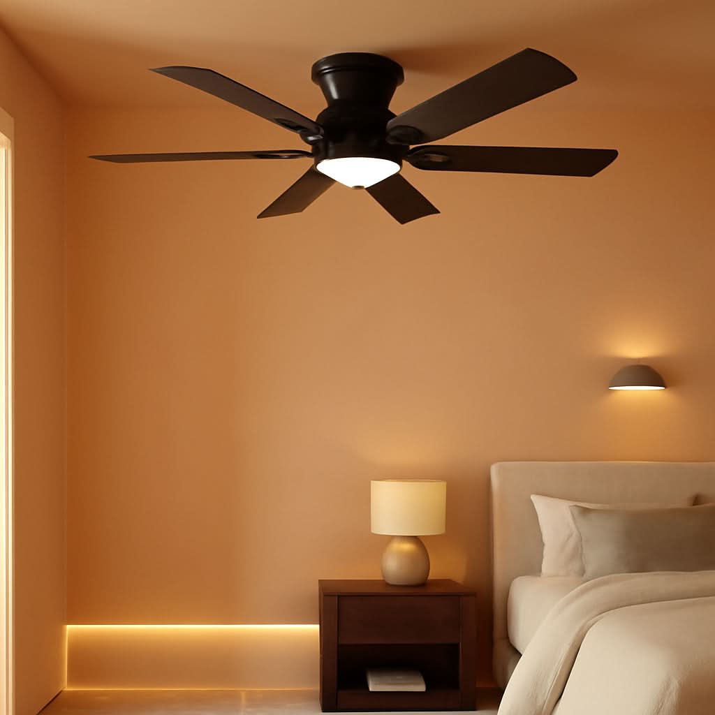 56Inch Jet Black Ultra Quiet Flush Mount Ceiling Fan with LED Dimming