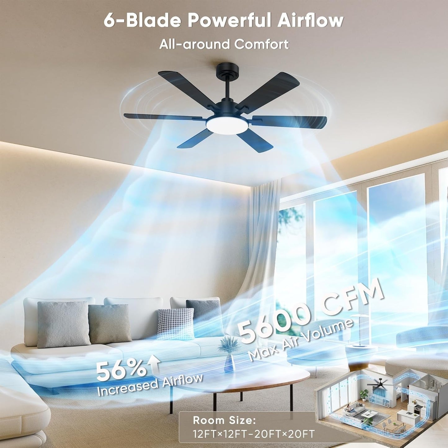 52-Inch Black Ceiling Fan with Dimmable LED Light & Memory Function