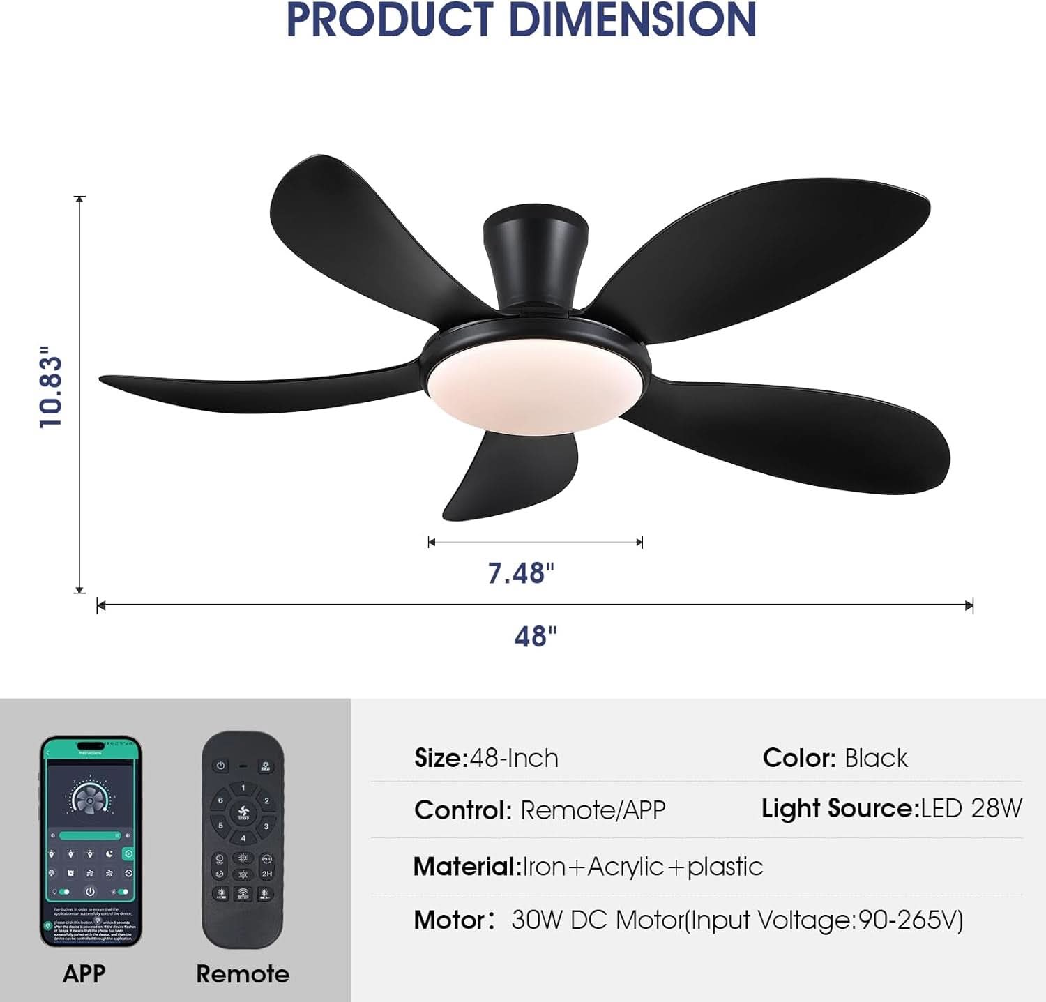 Ceiling fan with dimensions and product details on a white background