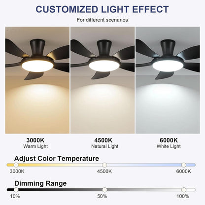 Ceiling fan with light showing customizable light effect for different color temperatures and dimming levels.