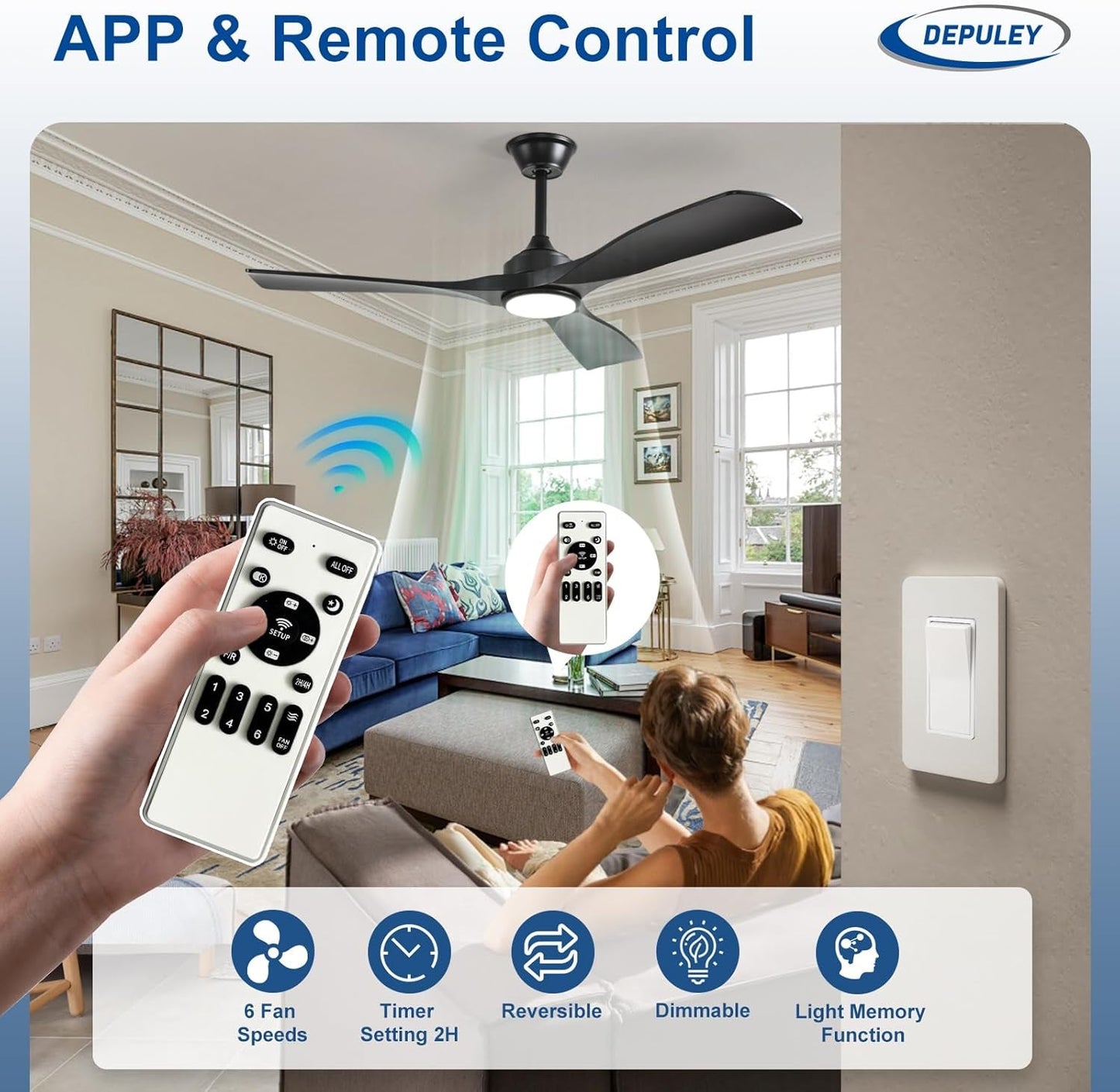 52 Inch Black Ceiling Fan with Dimmable LED Light and Remote Control