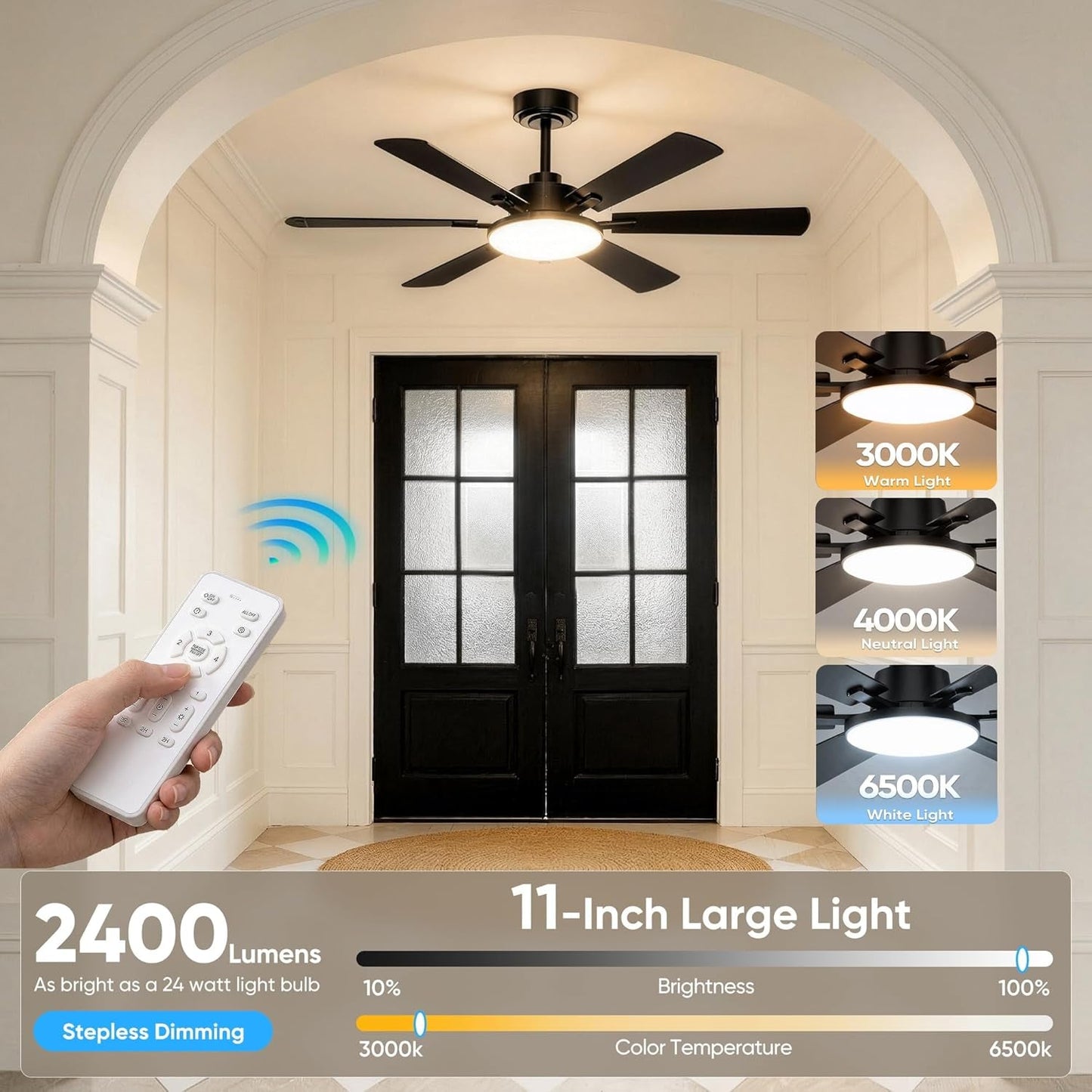 Ceiling fan with light fixture and remote control in a home interior setting.