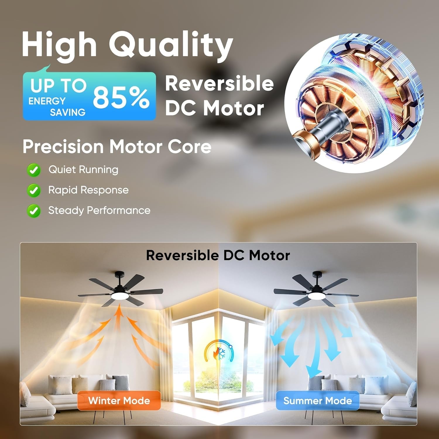 Reversible DC motor with energy-saving feature and application in ceiling fans.