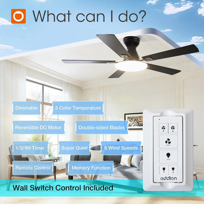 Ceiling fan with control panel in a room setting, featuring Addlion brand.