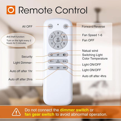 Remote control with labeled functions on a blurred indoor background