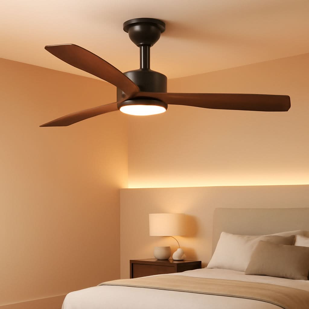 Ceiling fan in a bedroom with warm lighting