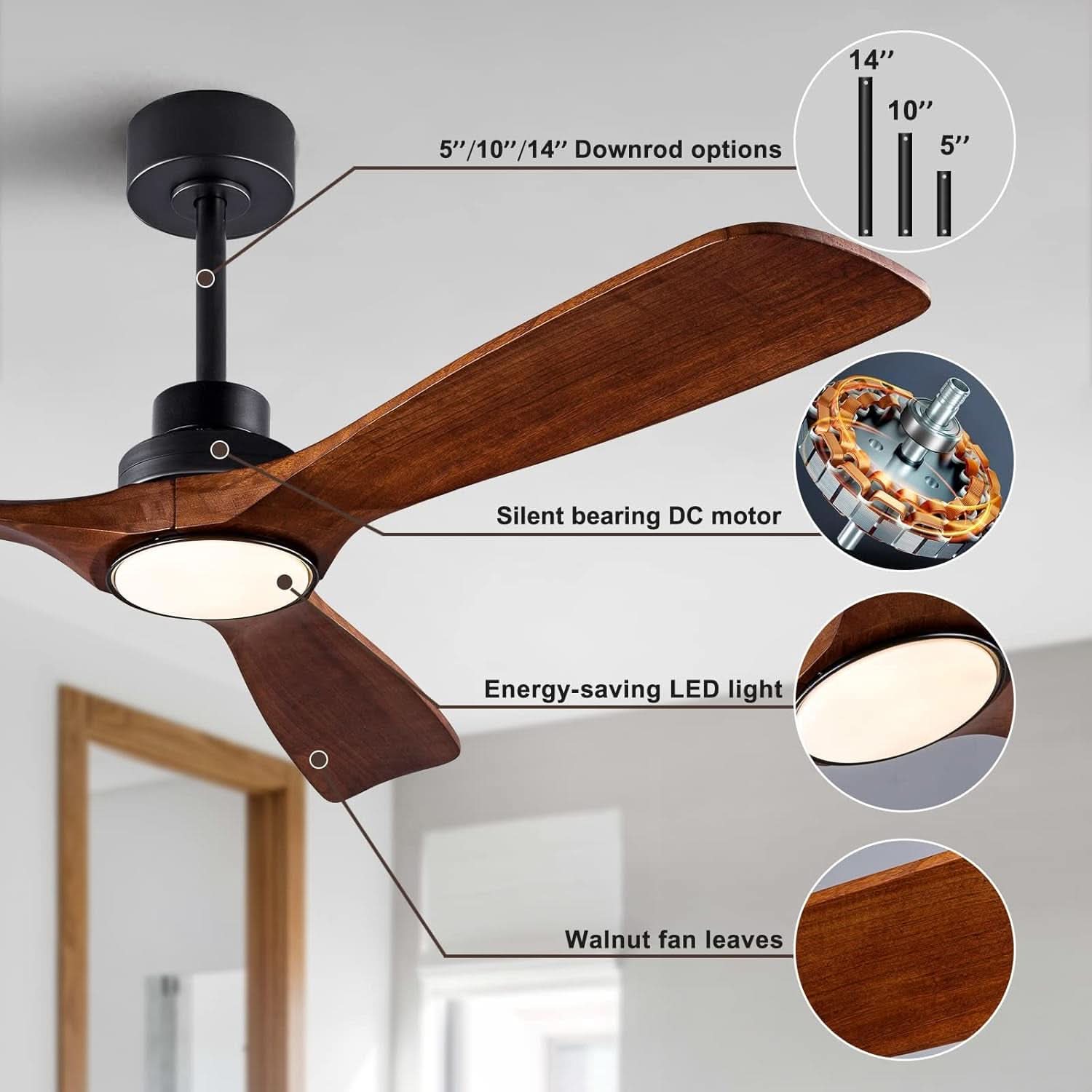 Ceiling fan with wooden blades and light fixture, featuring downrod options and motor details.