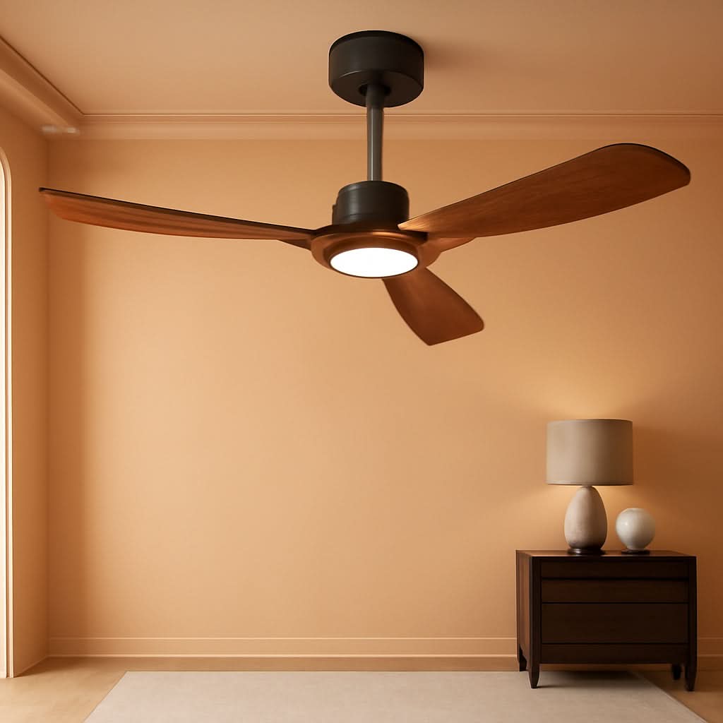 Ceiling fan in a room with a lamp on a side table.