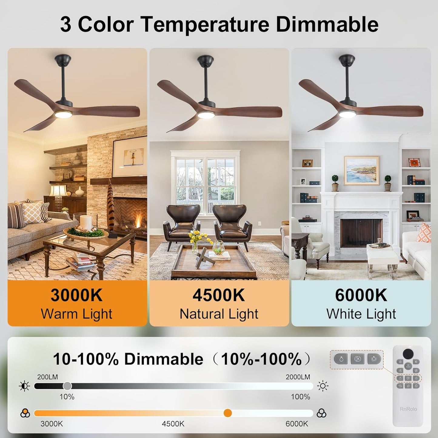 Ceiling fan with 3 color temperature options displayed in a living room setting.