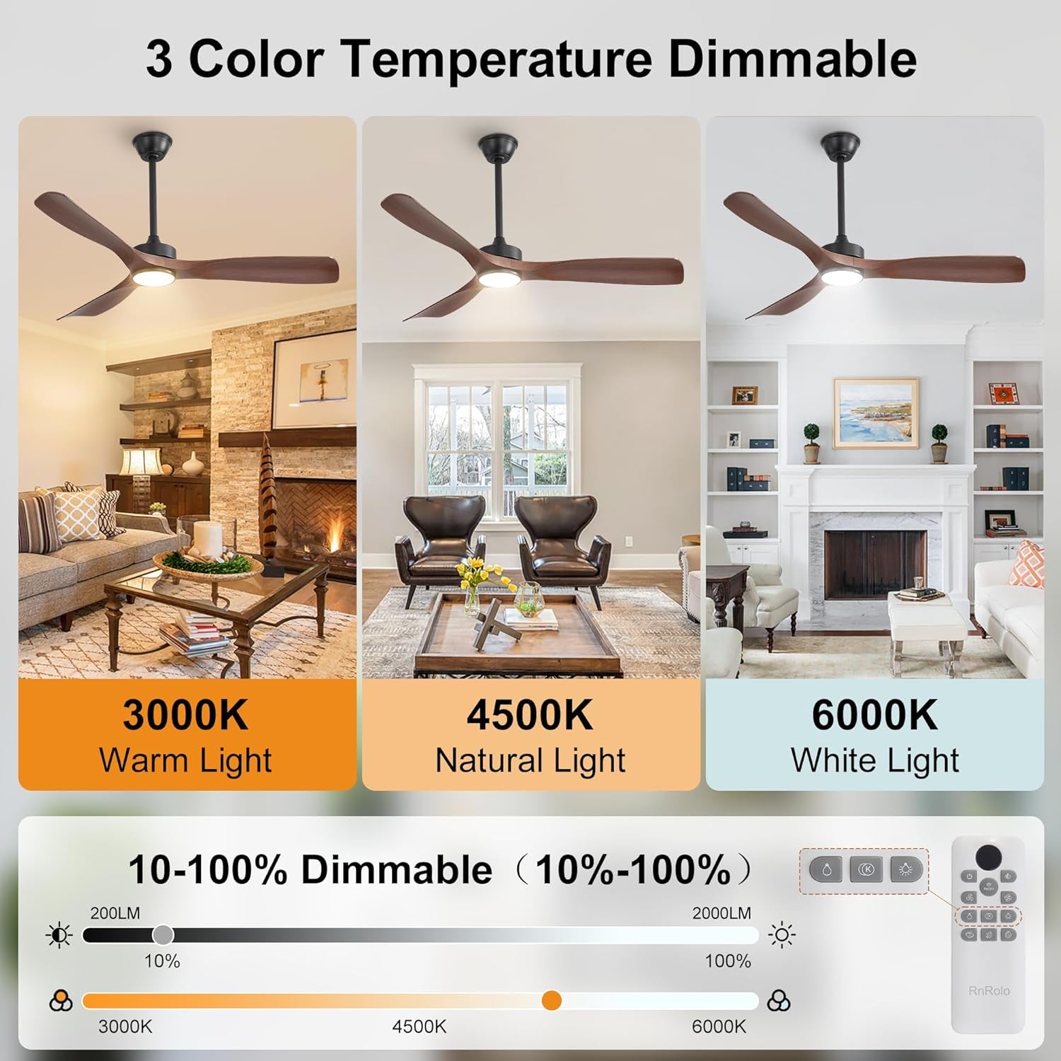 Ceiling fan with 3 color temperature options displayed in a living room setting.