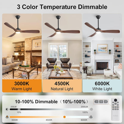 Ceiling fan with 3 color temperature options displayed in a living room setting.