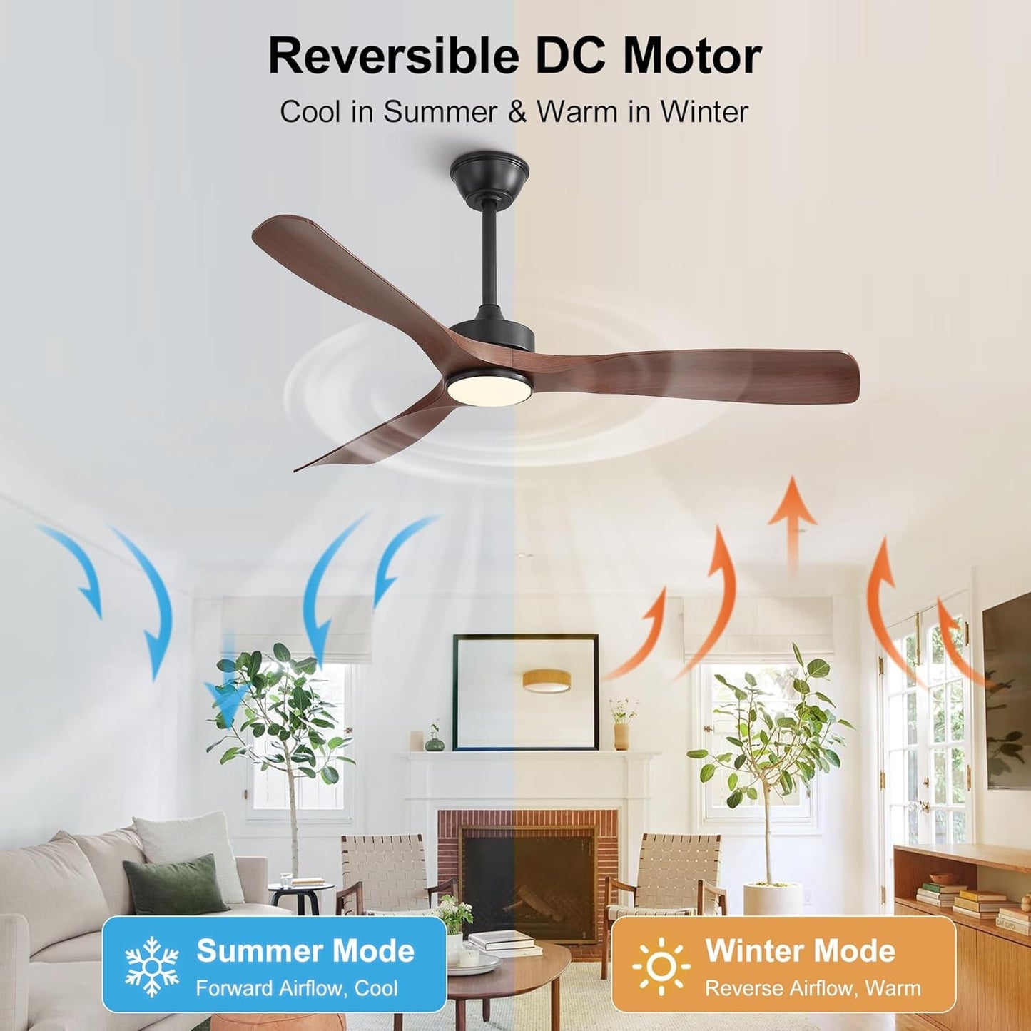 Ceiling fan with reversible DC motor in a living room setting, showing summer and winter mode airflow.