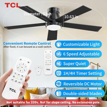 Ceiling fan with remote control and features listed, including TCL branding.