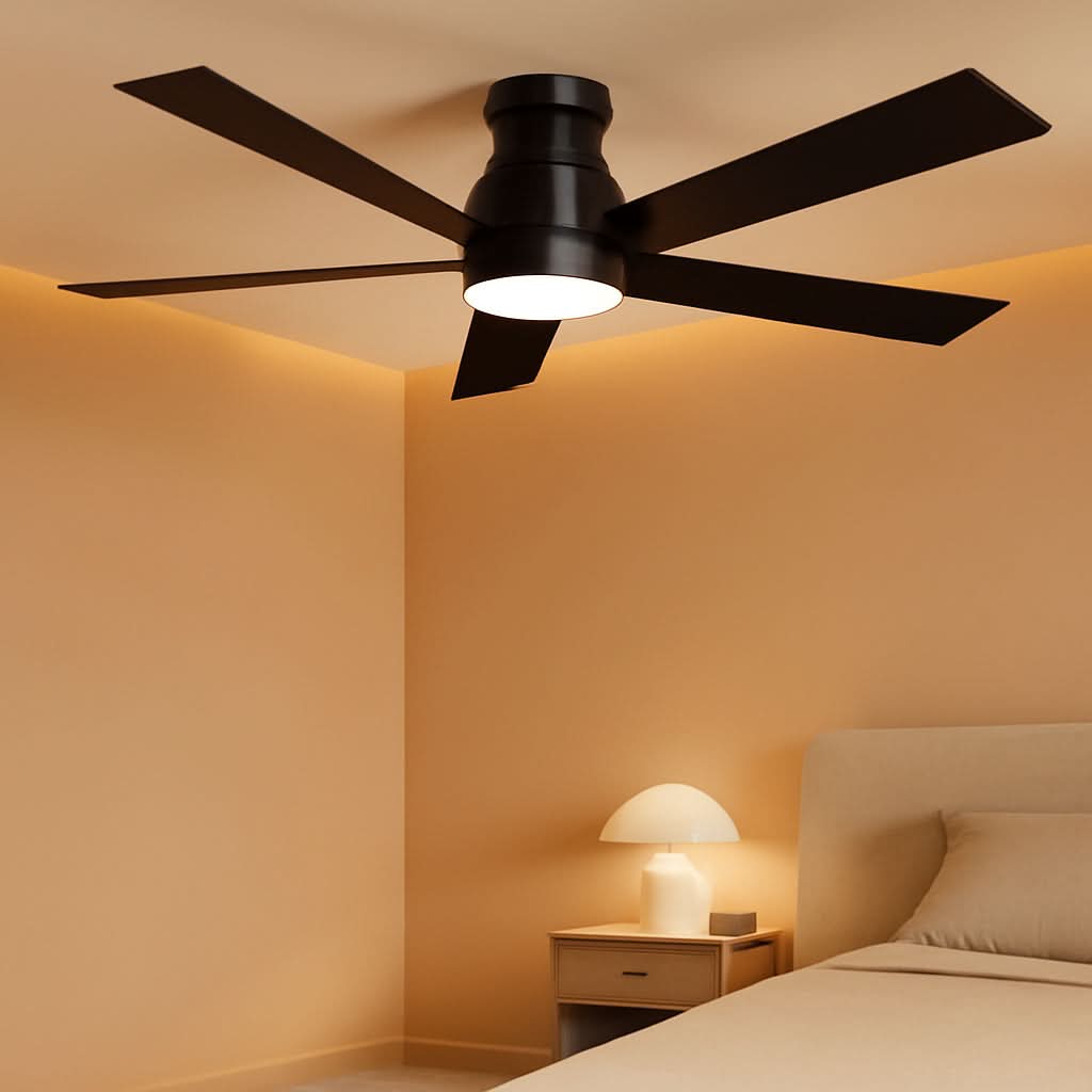 Black ceiling fan in a bedroom with warm lighting