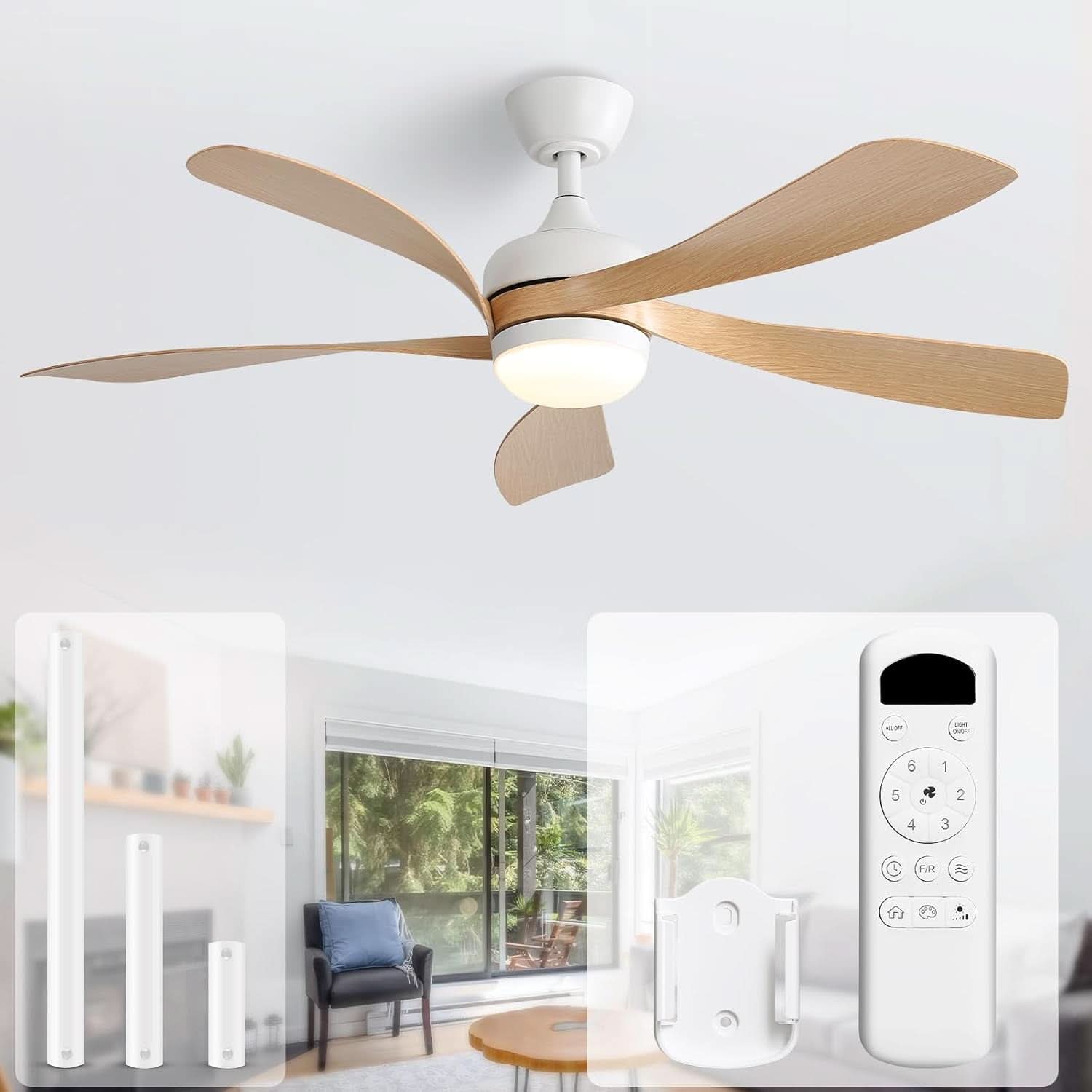 Ceiling fan with wooden blades and a remote control on a white background